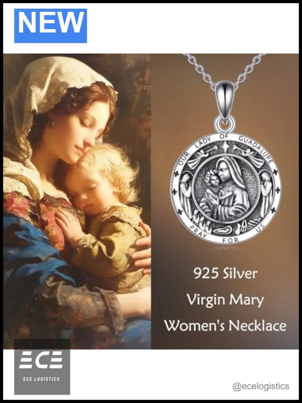 Sterling Silver Virgin Mary Pendant Necklace Religious Gift